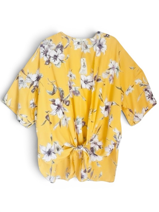 easel Tops - NEW Easel Floral Kimono Topper Gold Yellow Abstract Floral Print Women Sizes NWT